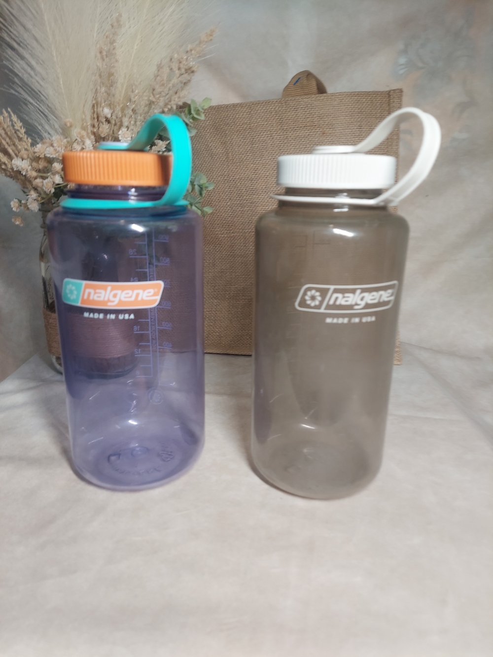 Lot of 2 Nalgene 32 oz Wide Mouth Water Bottles- Purple/Orange & Clear/White GUC